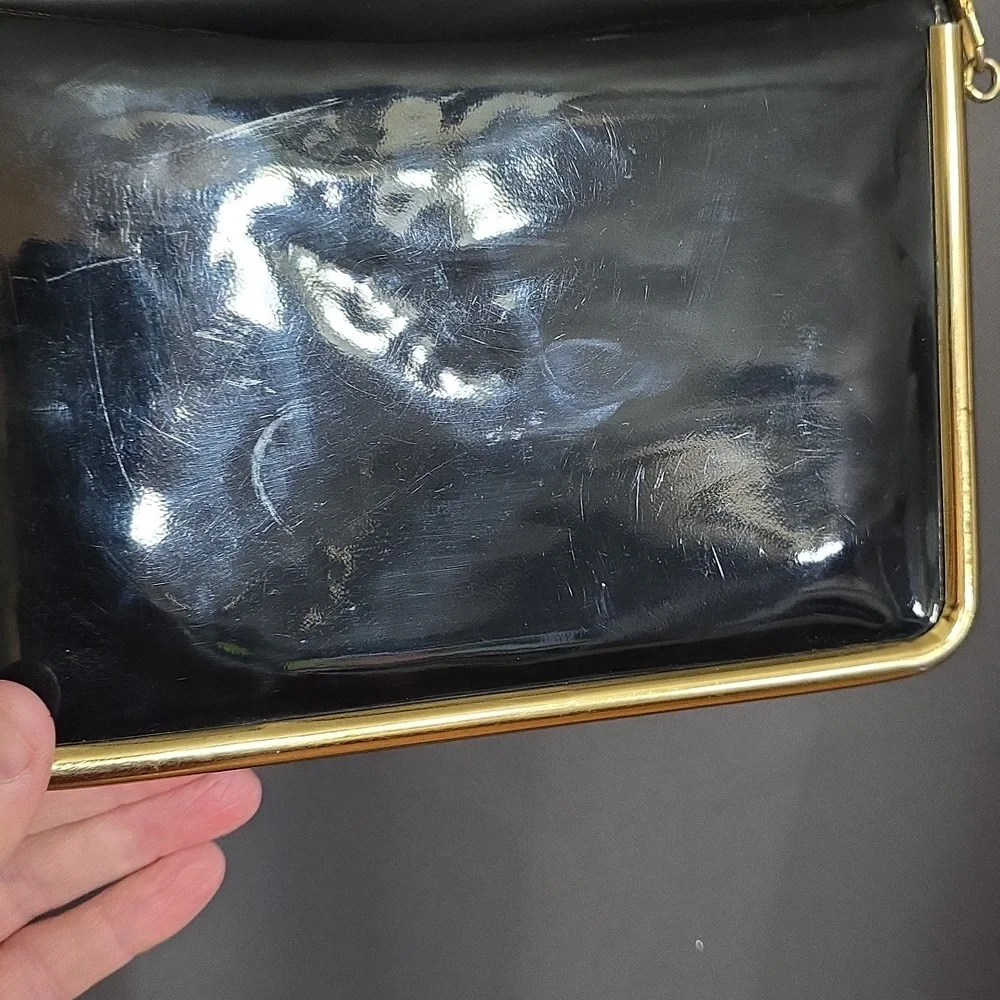 Cappagallo Elegant Black/Gold Chain Shoulder/Evening Bag Purse Patent Leather‎